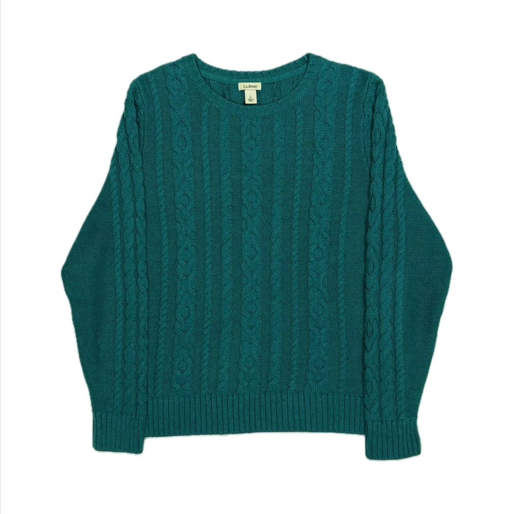 LL Bean cotton turquoise green cable knit crewneck sweater women's large petite